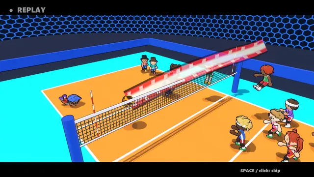 A 6v6 match in the arena with a red hit streak crossing the net.