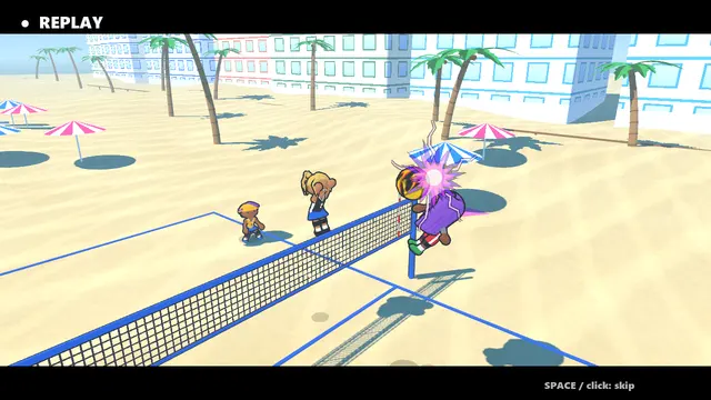 Beach court replay of a spike at the net with a contact burst.