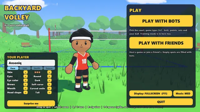 Main menu with Anthony's customized player Ansoniq and the customization panel.