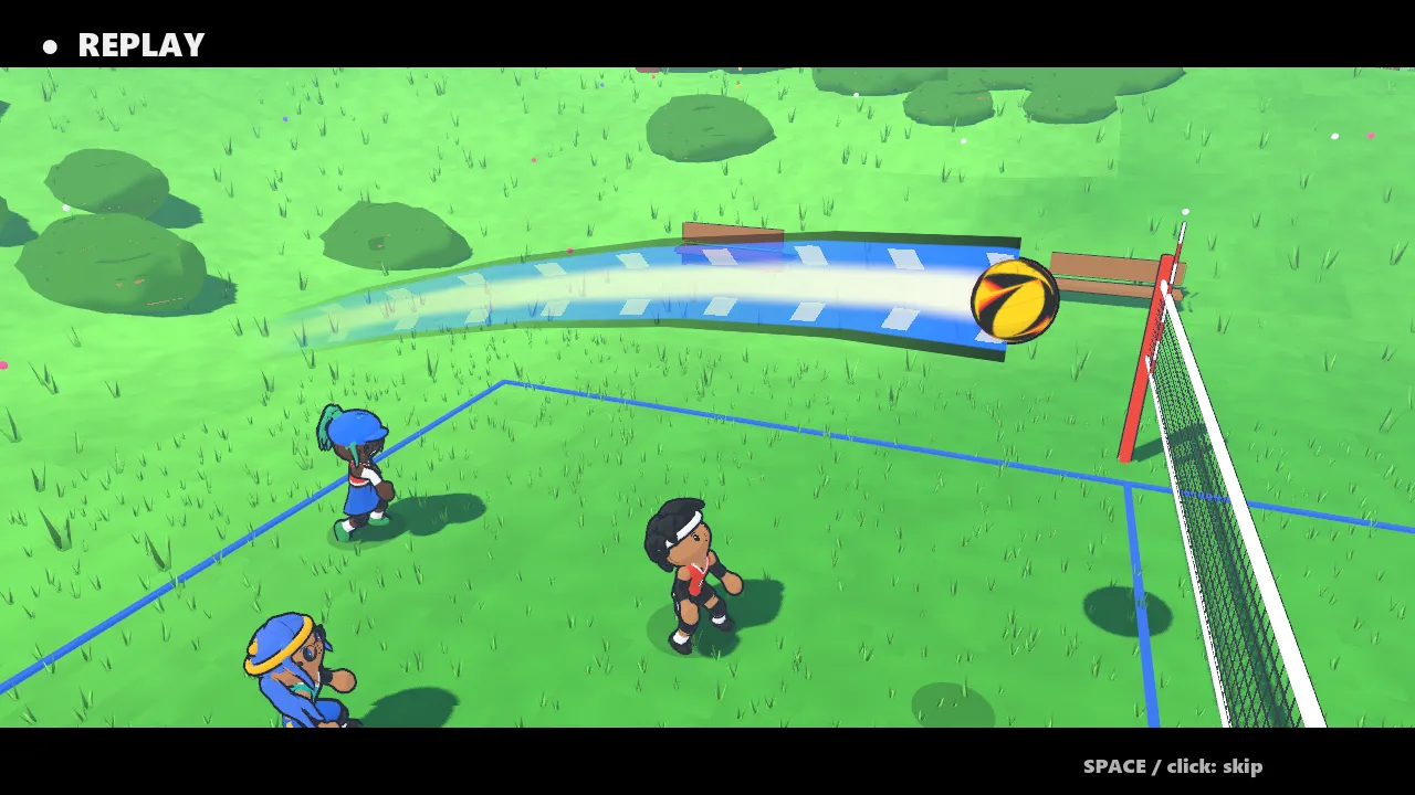 Instant replay: a broadcast camera follows a spiked ball with a blue streak across the park court.