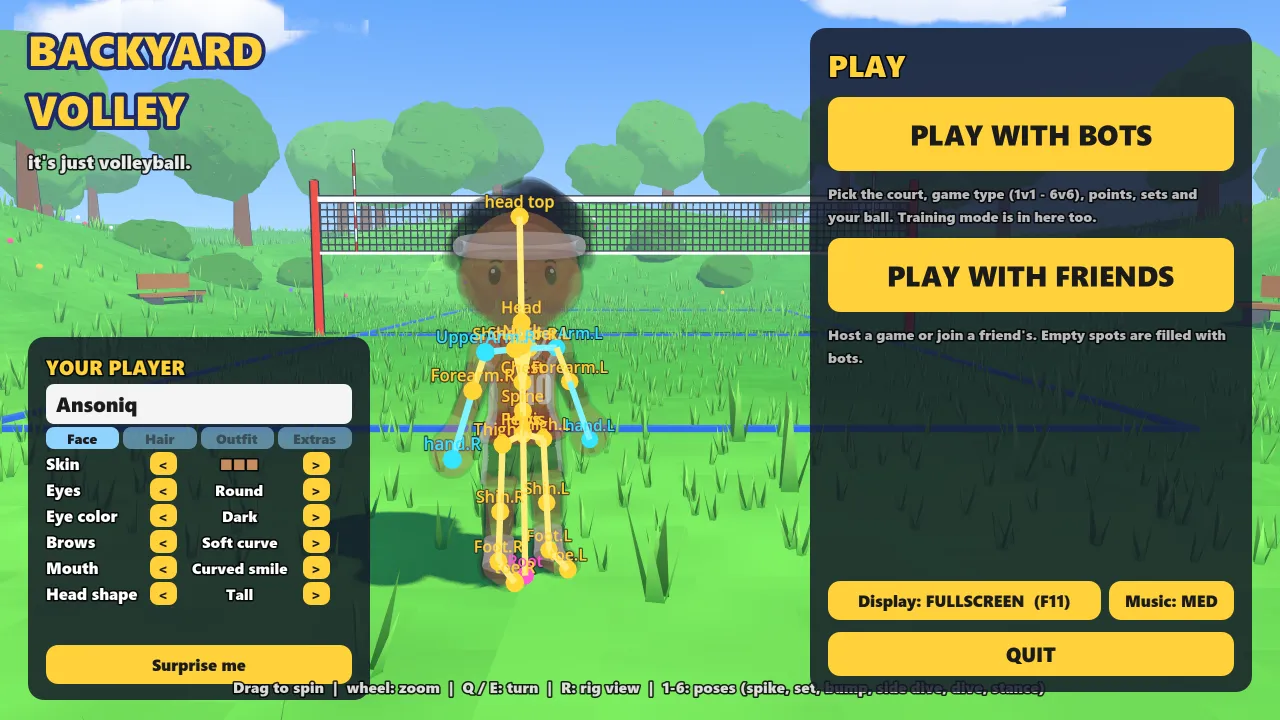 Debug rig view in the game's menu: the skeleton's labelled bones drawn over the player.