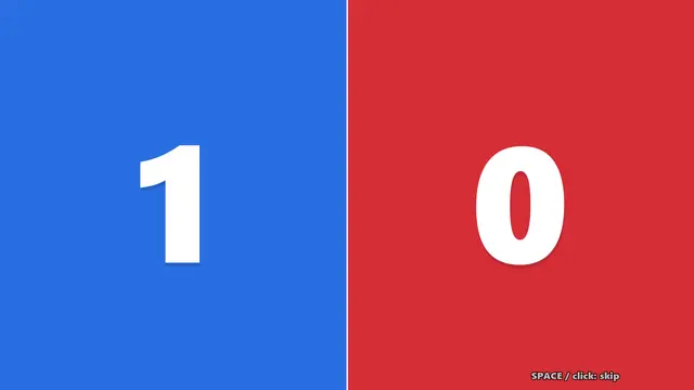 Split blue and red scoreboard showing 1 to 0.