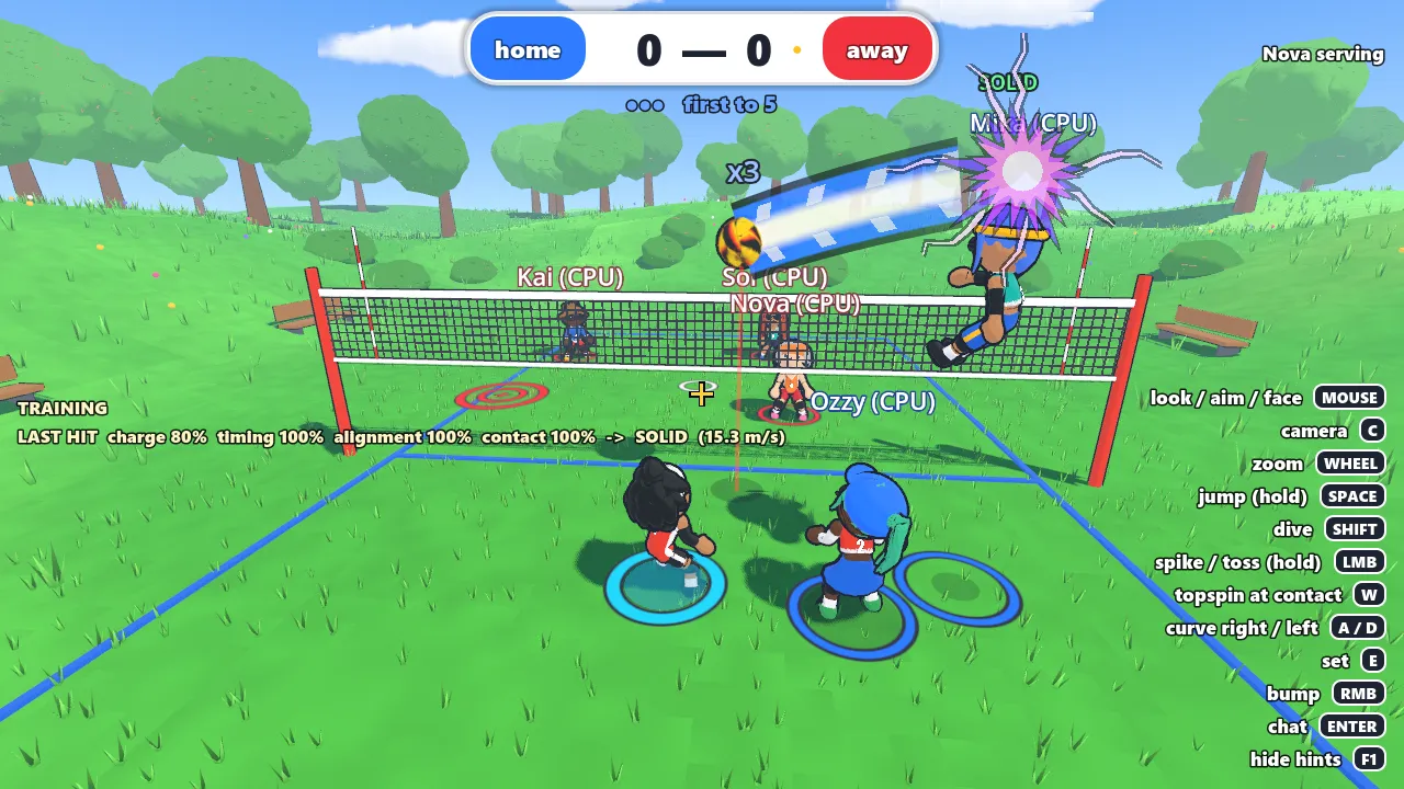 Backyard Volley gameplay in the park court: a CPU player spikes over the net with a burst at the contact point while Anthony's player (dark hair, red jersey) waits on the cyan ring.