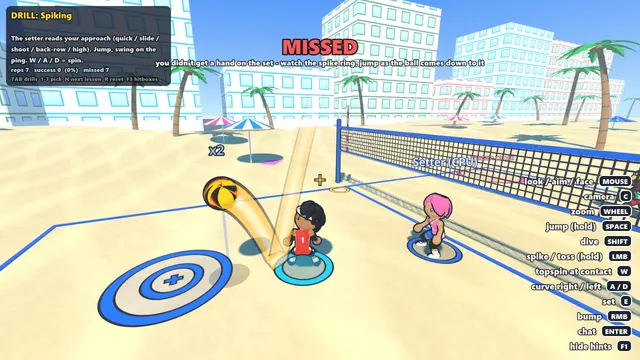 Training ground: a spiking drill on the beach with a landing target and a message explaining a missed rep.